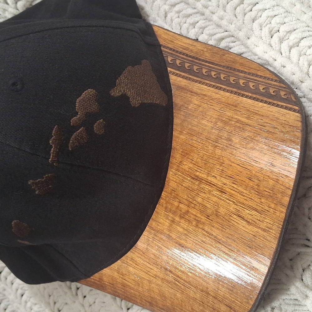 Kona Caps Calabash Brim Black and Brown Cap w- Unique Brim Hawaiian Islands Map